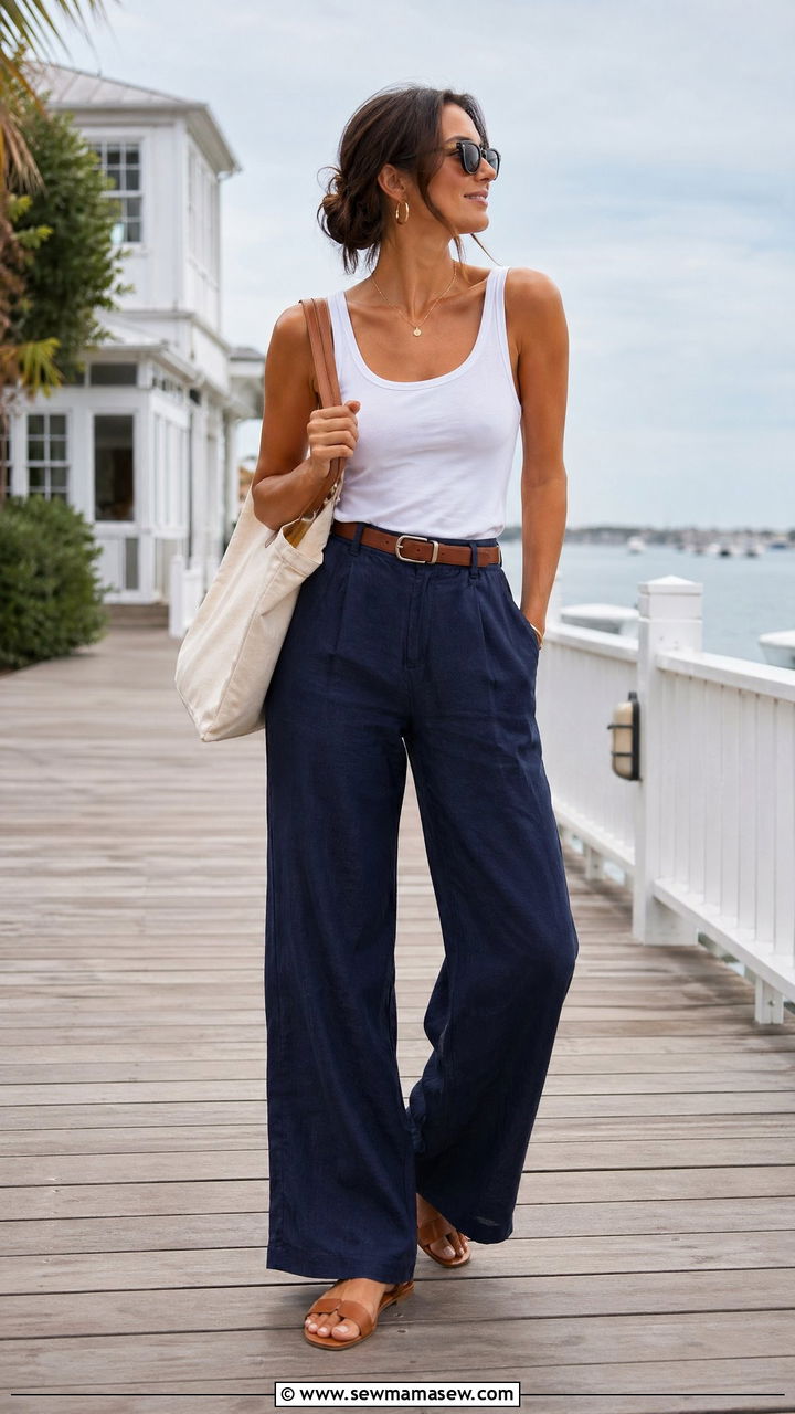 Navy Wide Leg Linen Trousers With White Tank Top Outfit - 35 Classy summer outfits