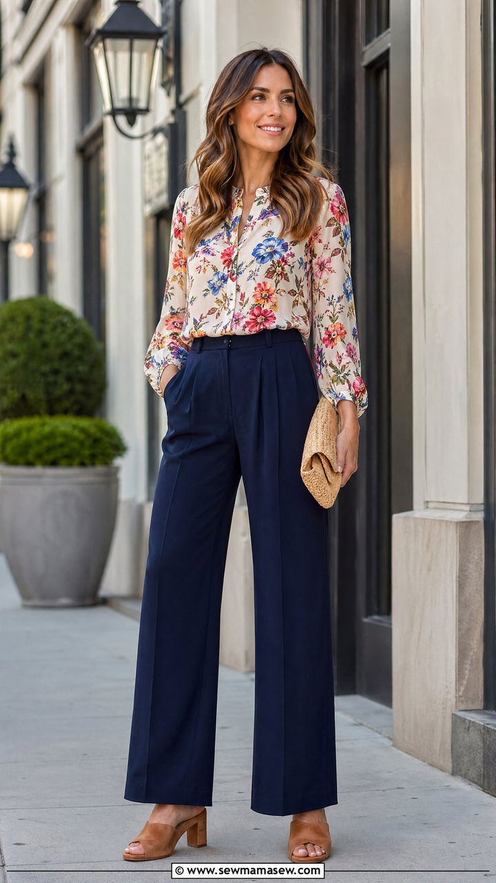 Navy Wide Leg Pants With Floral Blouse - 35 spring navy outfit ideas