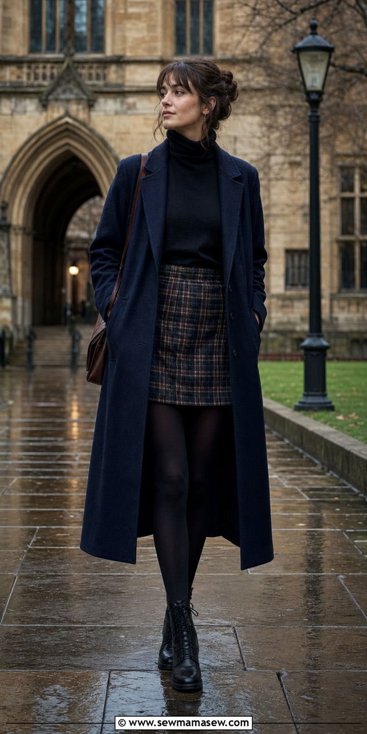 Navy Wool Coat with Plaid Skirt and Turtleneck - 35 rainy day outfit ideas