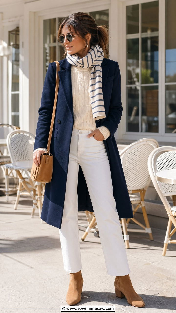 Navy Wool Coat with White Jeans and Camel Accessories - 35 Wool coat outfit ideas