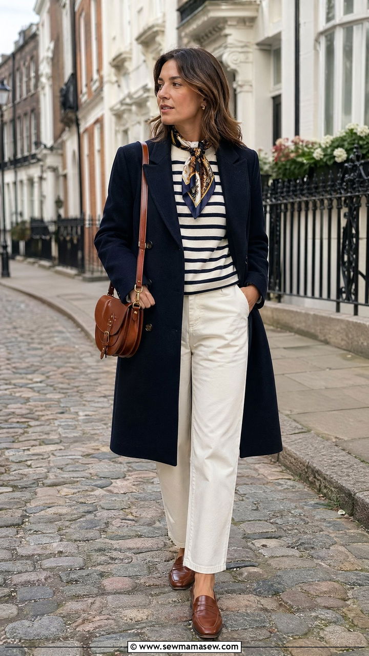 Navy Wool Coat with a Striped Knit and Leather Loafers - 35 Wool coat outfit ideas