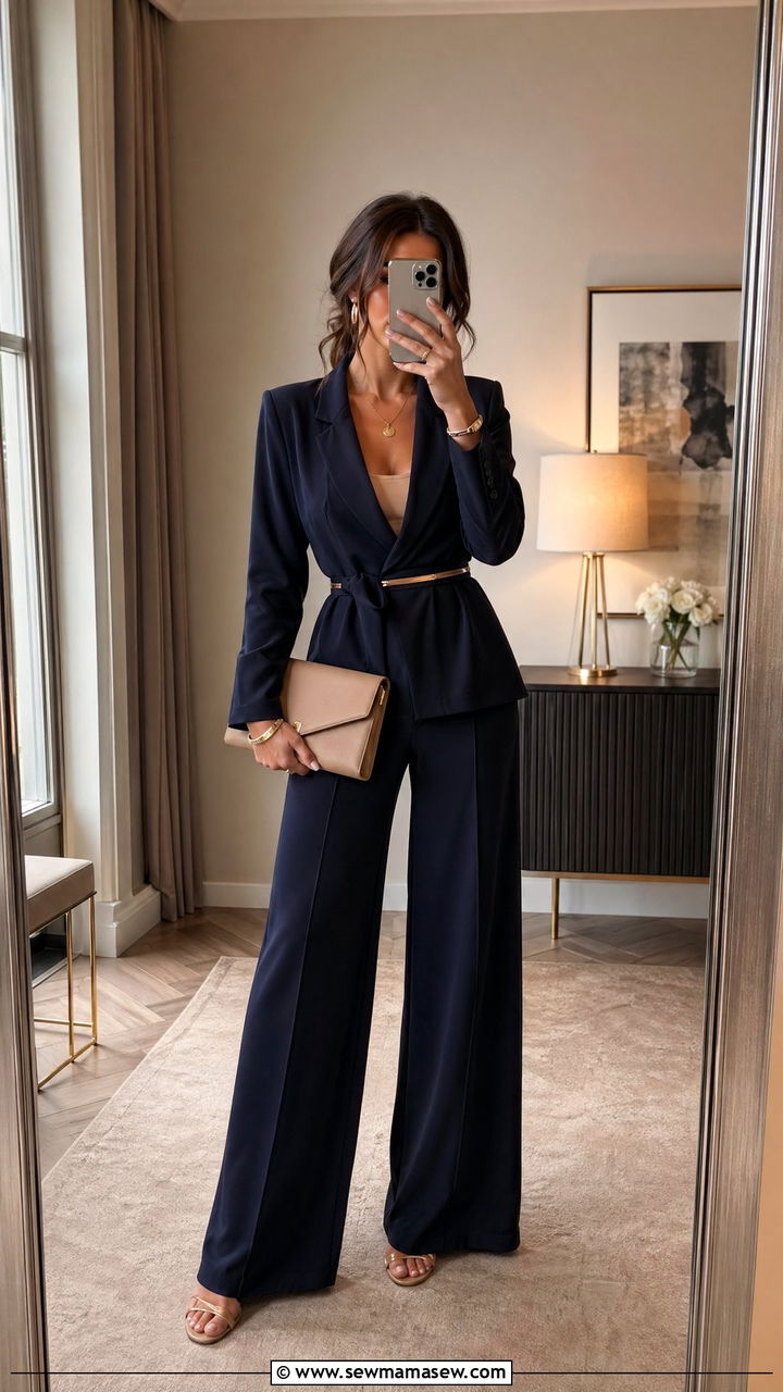Navy Wrap Blazer and Wide Leg Trousers - 35 Wedding guest wide leg pants outfit ideas