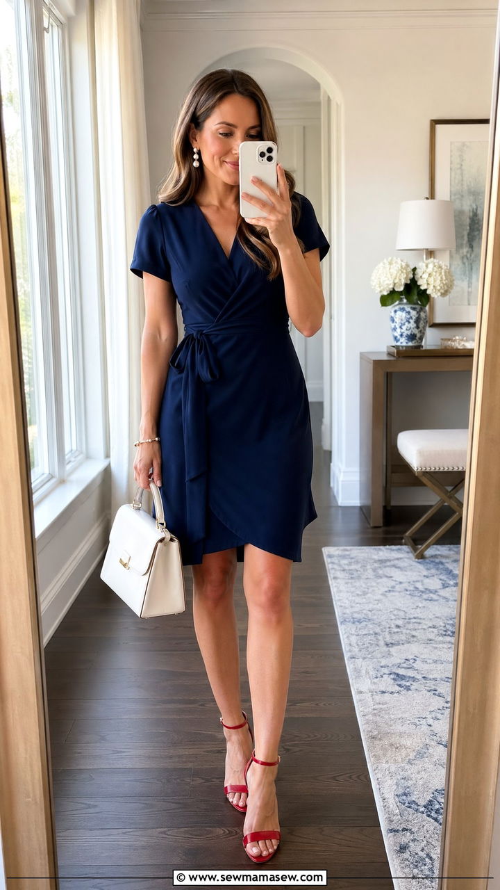 Navy Wrap Dress With Red Heeled Sandals - 35 summer memorial day outfit ideas