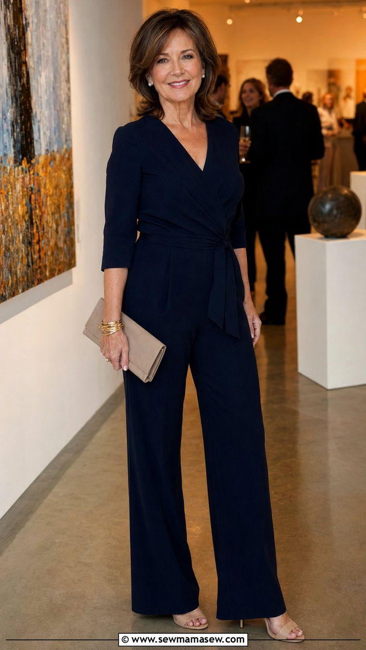 Navy Wrap Jumpsuit With Wide Leg Silhouette - 35 Old money outfit ideas for women over 50