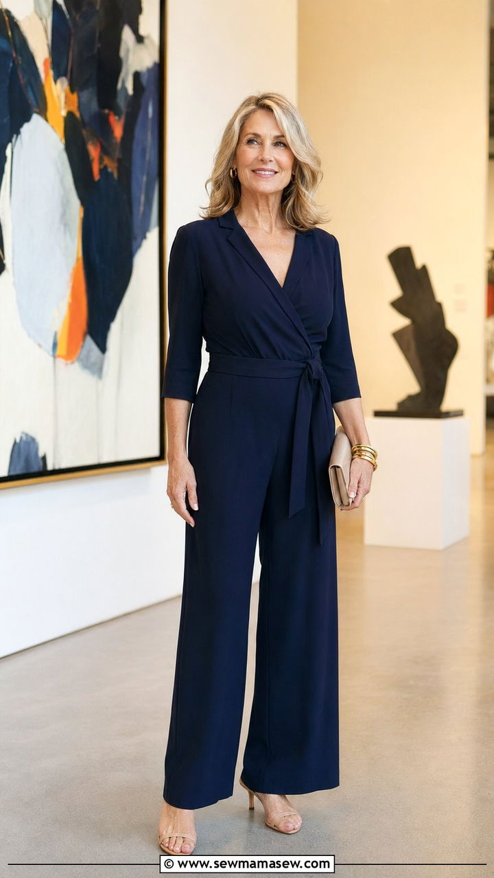 Navy Wrap Jumpsuit and Gold Accessories - 35 Old money outfits for women over 50