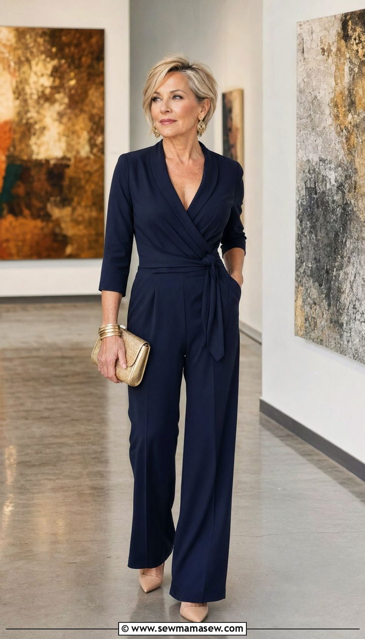 Navy Wrap Jumpsuit with Nude Heels - 35 Night out outfit ideas women over 50