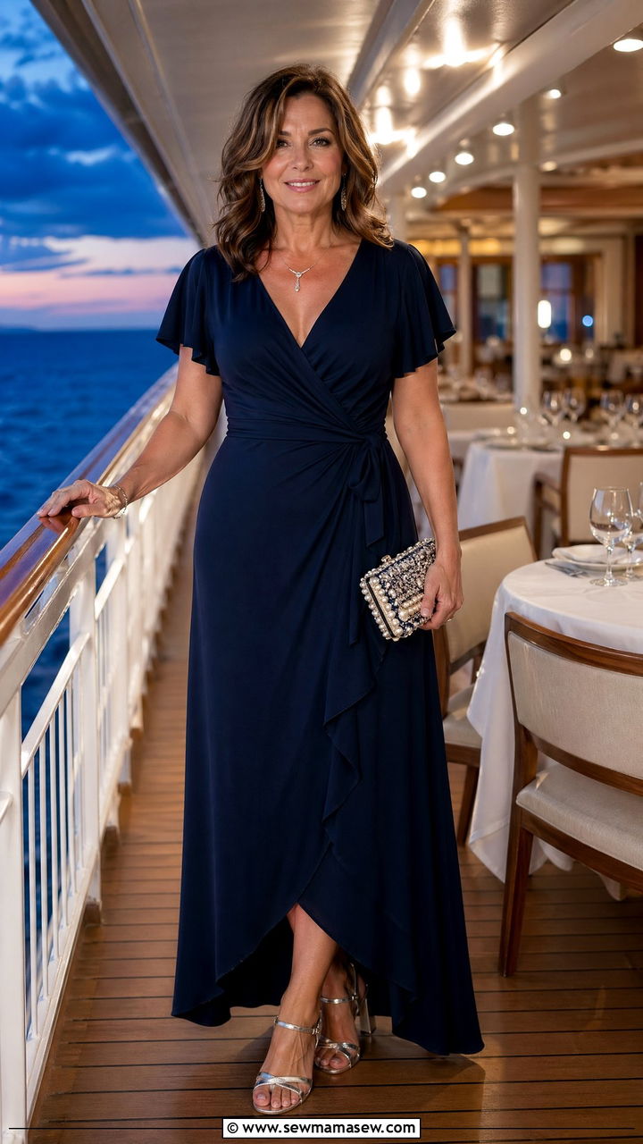 Navy Wrap Maxi Dress With Silver Heels Cruise Outfit - 35 cruise outfits for women over 40