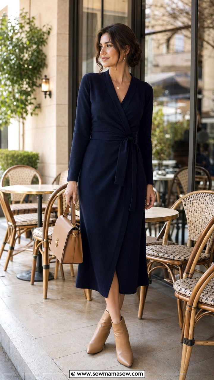 Navy Wrap Midi Dress - 35 Modest outfit ideas old money