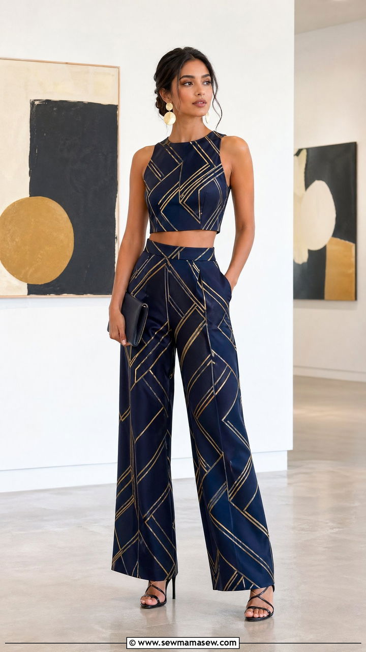 Navy and Gold Geometric Two Piece - 35 wedding guest outfits