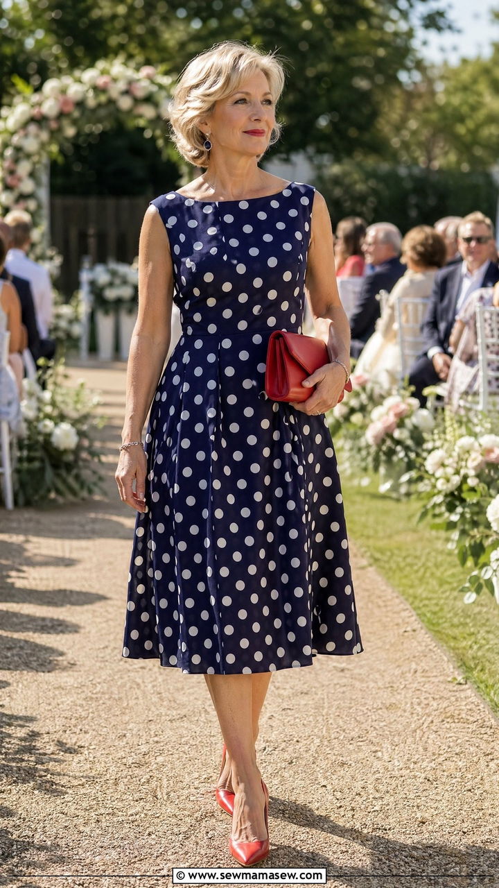 Navy and White Polka Dot Midi Dress - 35 Wedding guest outfits for women over 50