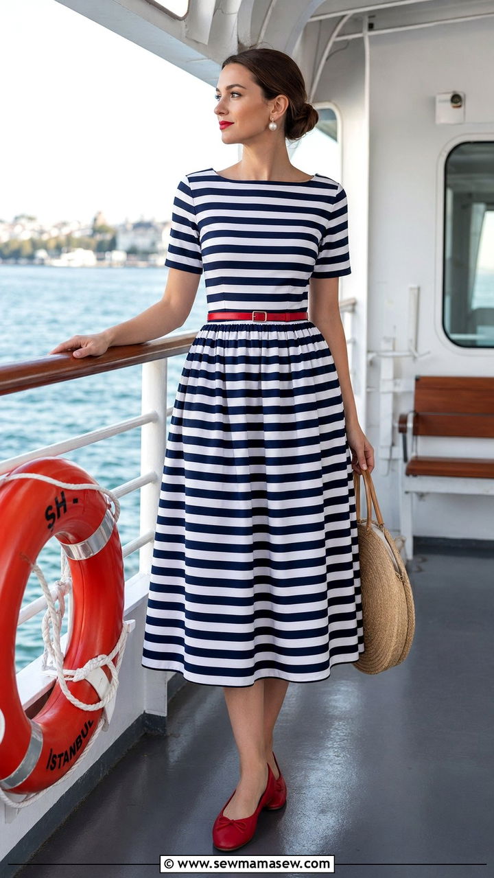 Navy and White Striped Midi Dress with Red Accents - 35 Old money vacation outfit ideas