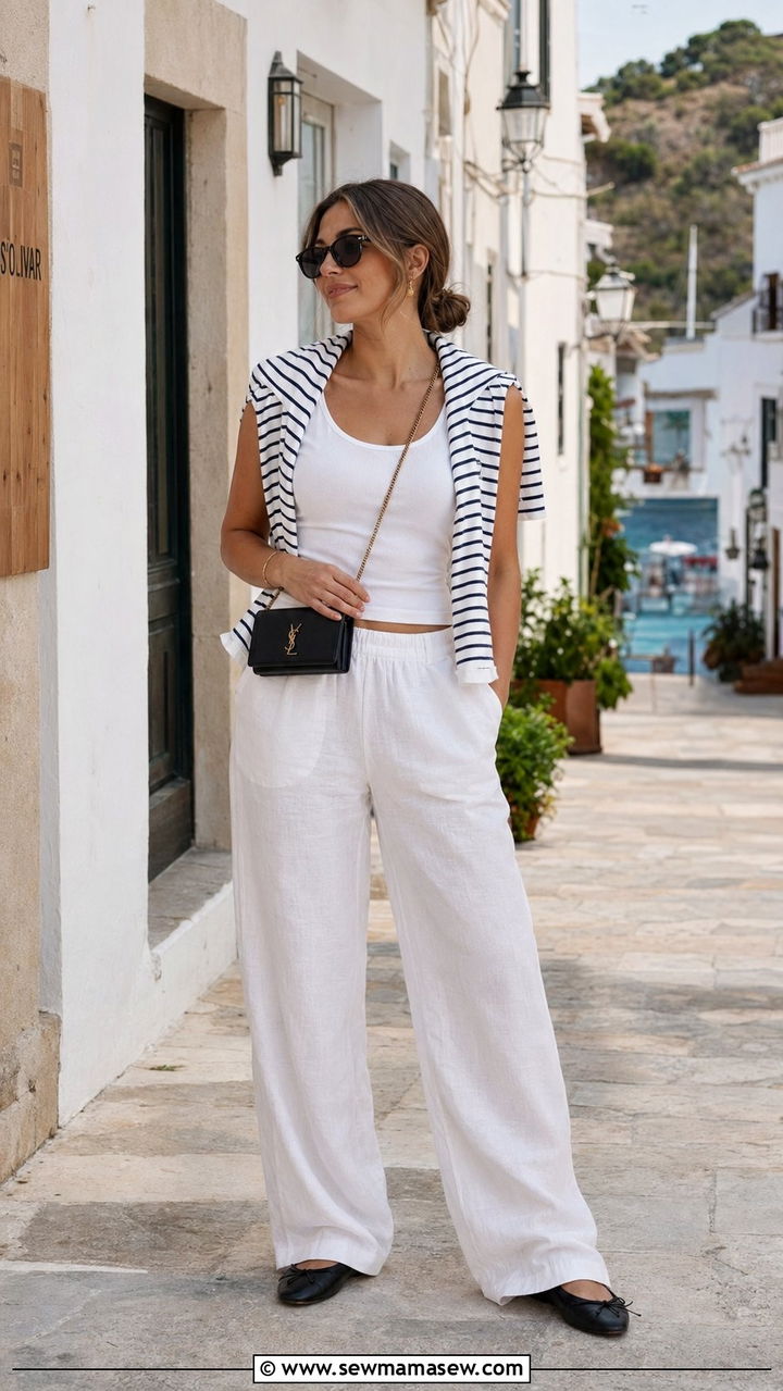 Navy and White Striped Sweater Over White Wide Leg Pants - 35 Old money vacation outfit ideas