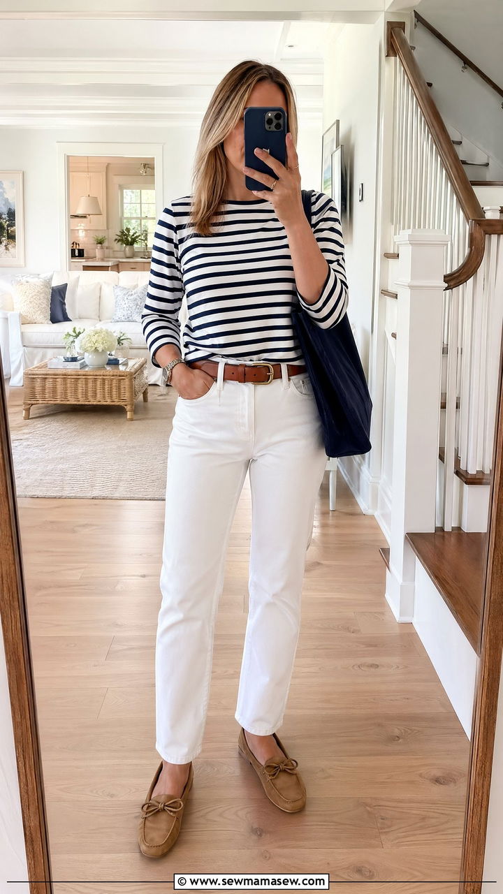 Navy and White Striped Top and White Straight Leg Jeans - 35 summer coastal grandmother outfit ideas