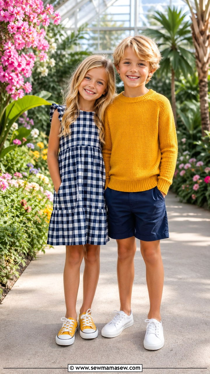 Navy and Yellow Coordinated Sibling Outfits - 30 Sibling photoshoot outfit ideas