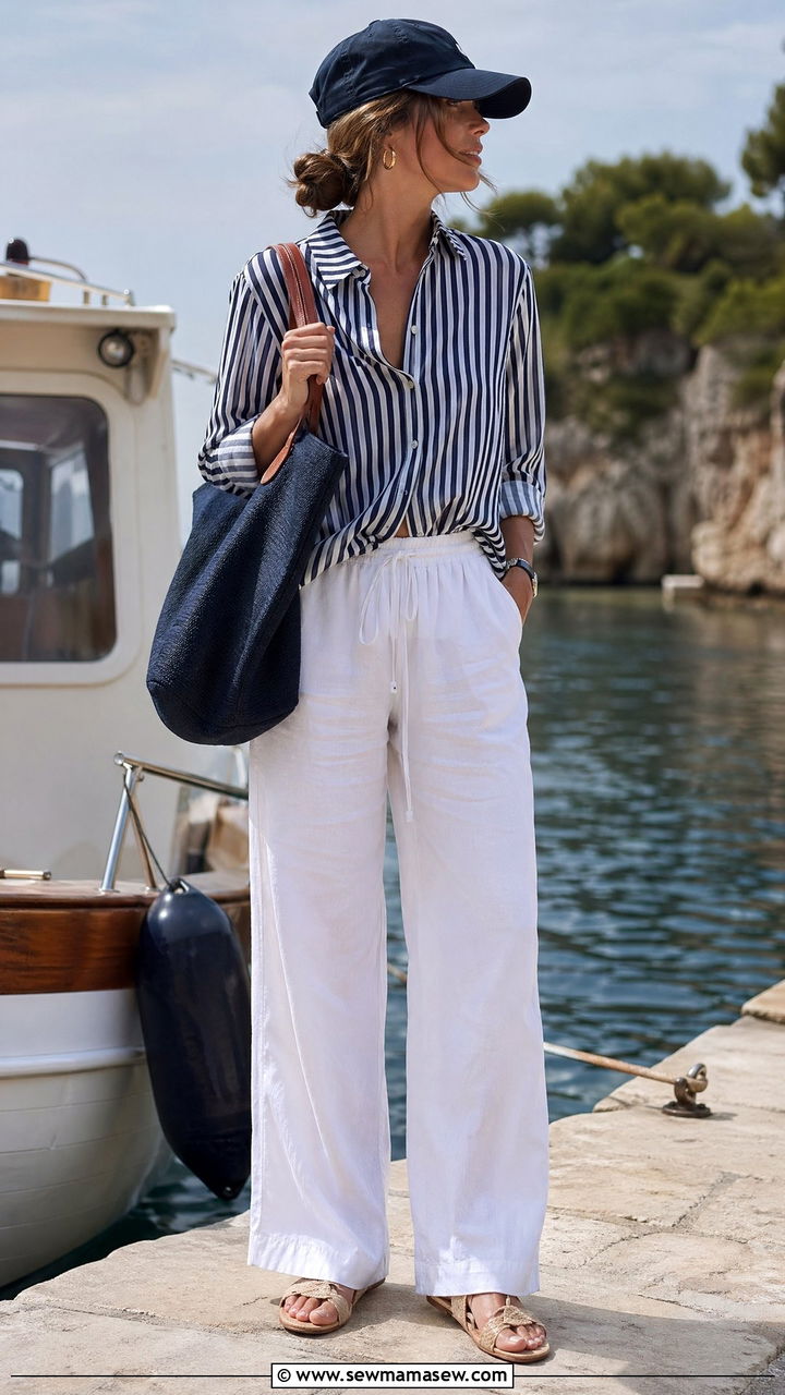 Navy and white cabana stripe top with wide leg white trousers - 35 Coastal grandmother outfit ideas