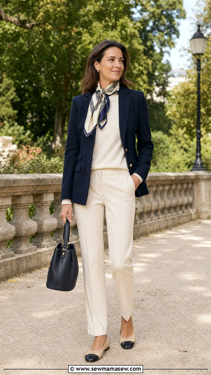 Navy blazer and cream trousers spring outfit - 35 quiet luxury outfits for women