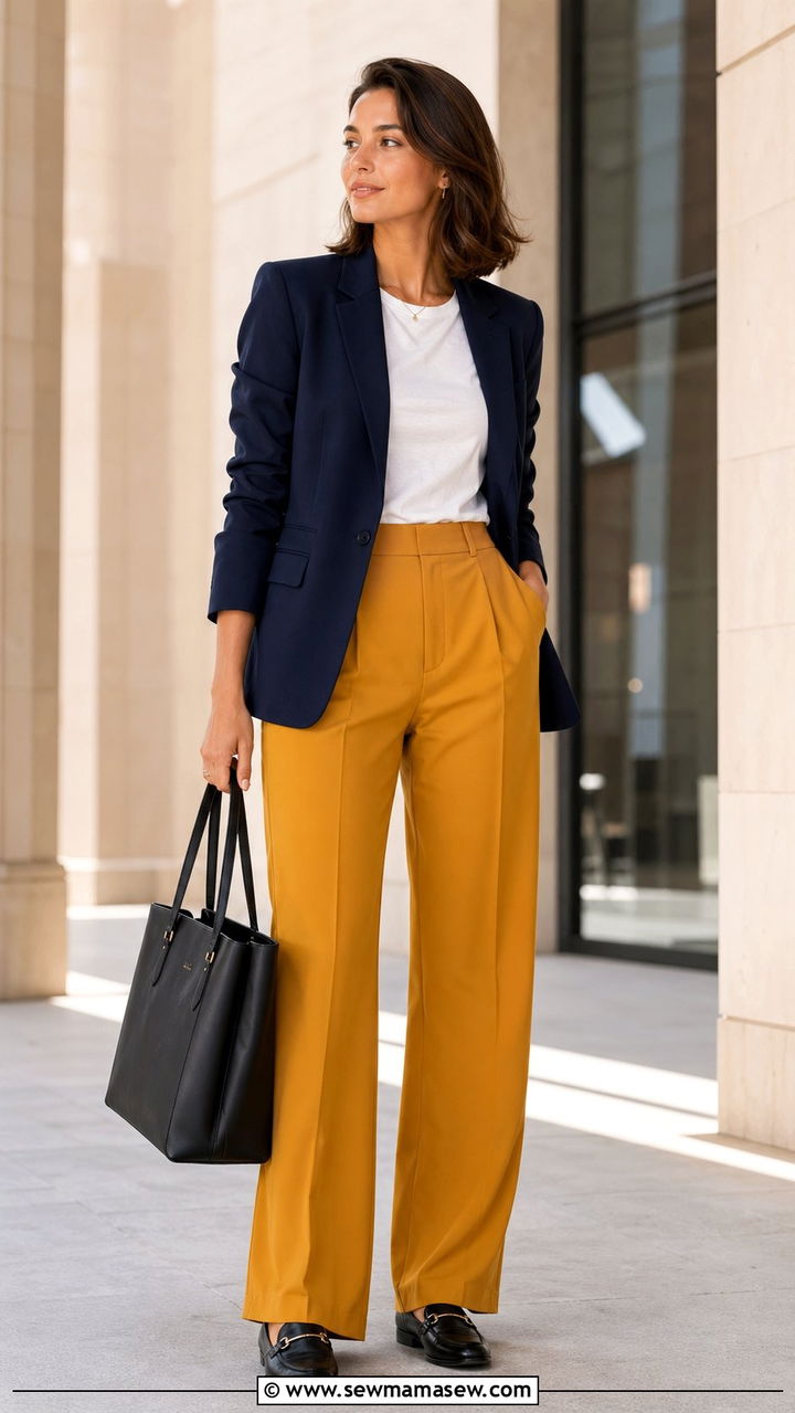 Navy blazer and mustard yellow trousers - 30 Blue and yellow outfit ideas