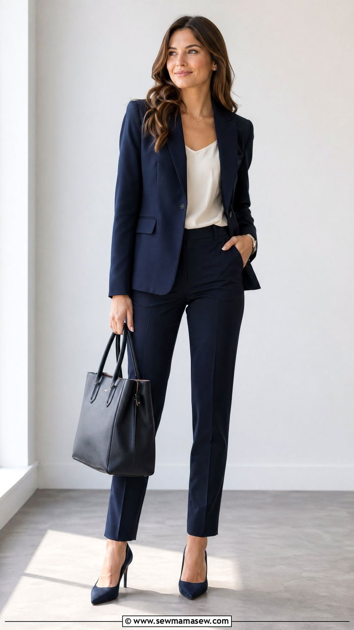 Navy blazer and tailored trousers work outfit for women - 35 work outfits for women