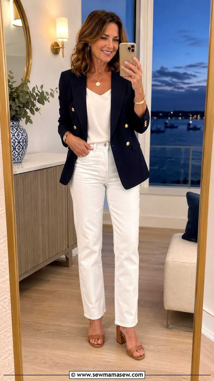 Navy blazer and white jeans going out outfit for women over 40 - 35 Going out outfit ideas women over 40