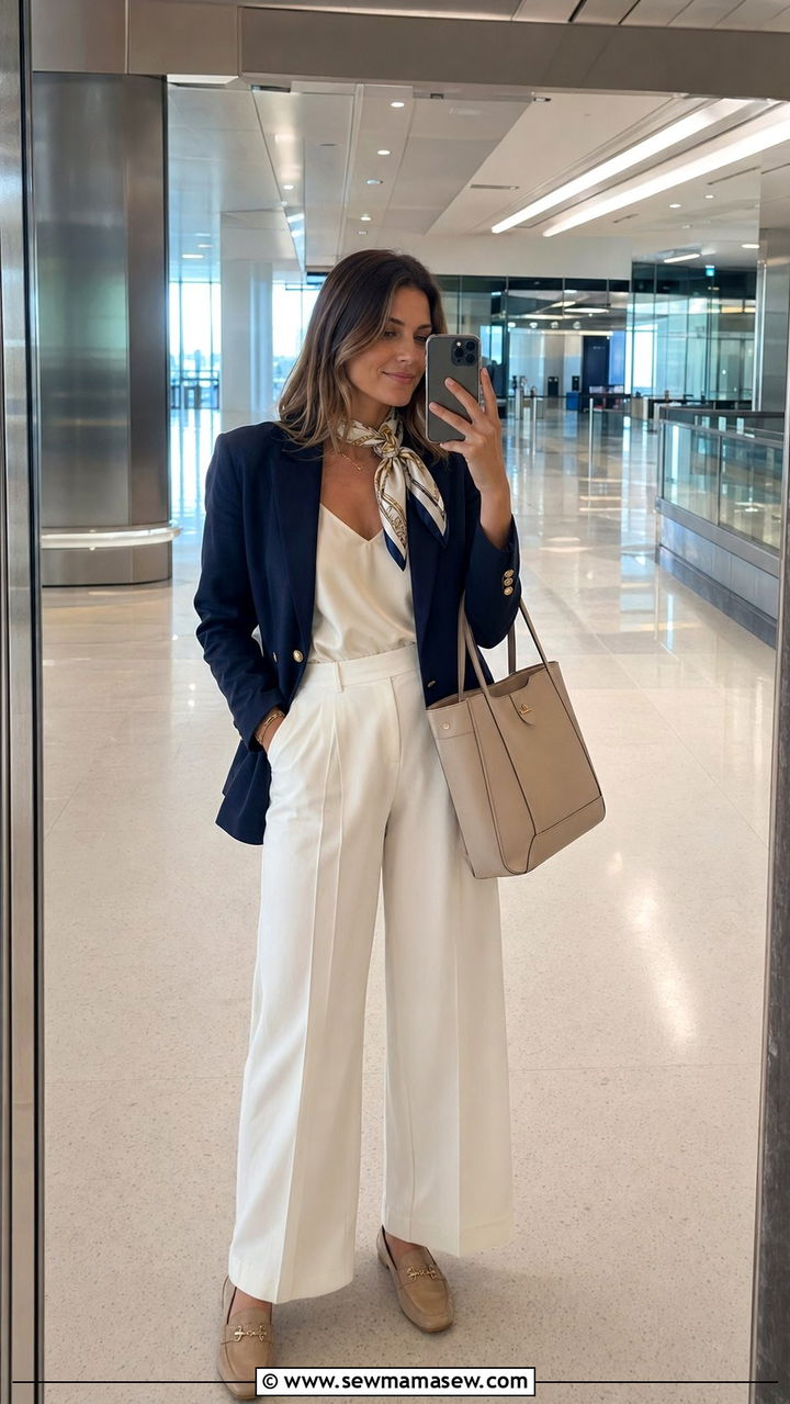Navy blazer and white wide leg pants outfit - 30 Airport outfit ideas Parisian