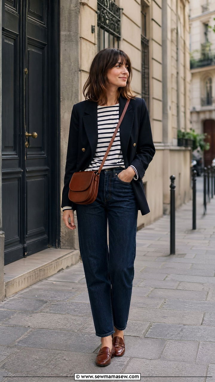 Navy blazer with Breton stripe top and jeans - 35 chic outfit ideas for women