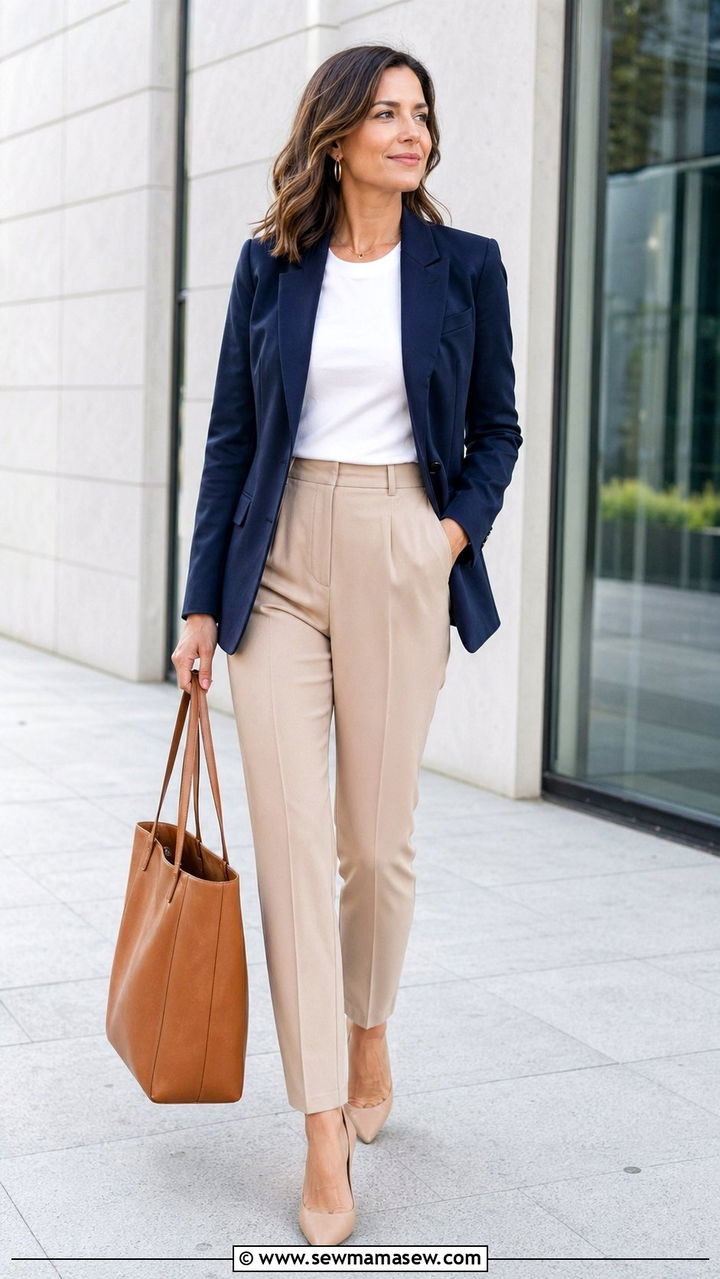 Navy blazer with beige trousers work outfit - 30 work outfits for women over 30