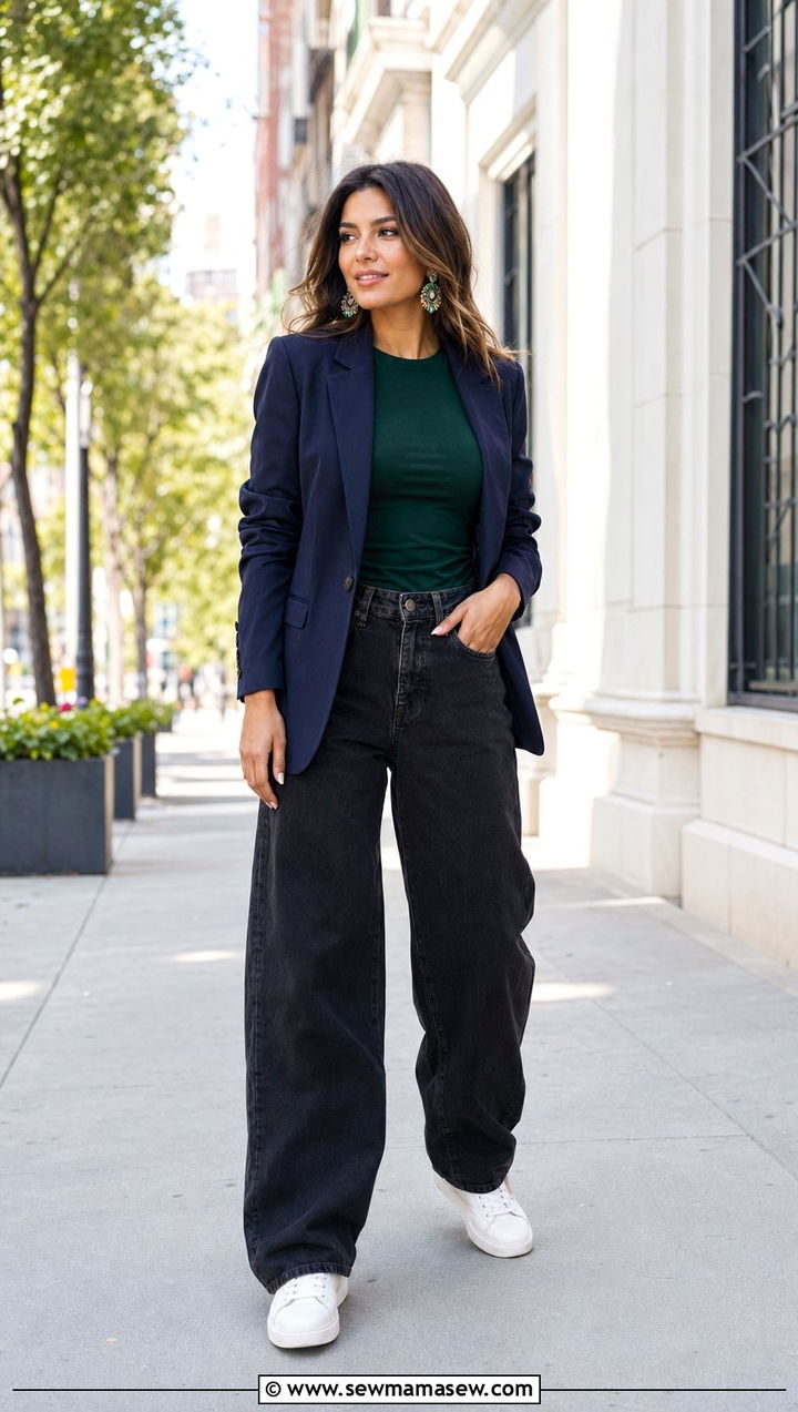 Navy blazer with black baggy jeans - 30 Baggy jeans outfit ideas with a blazer