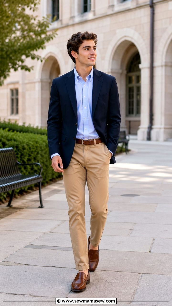 Navy blazer with chinos senior picture outfit - 30 Senior portrait outfit ideas guys