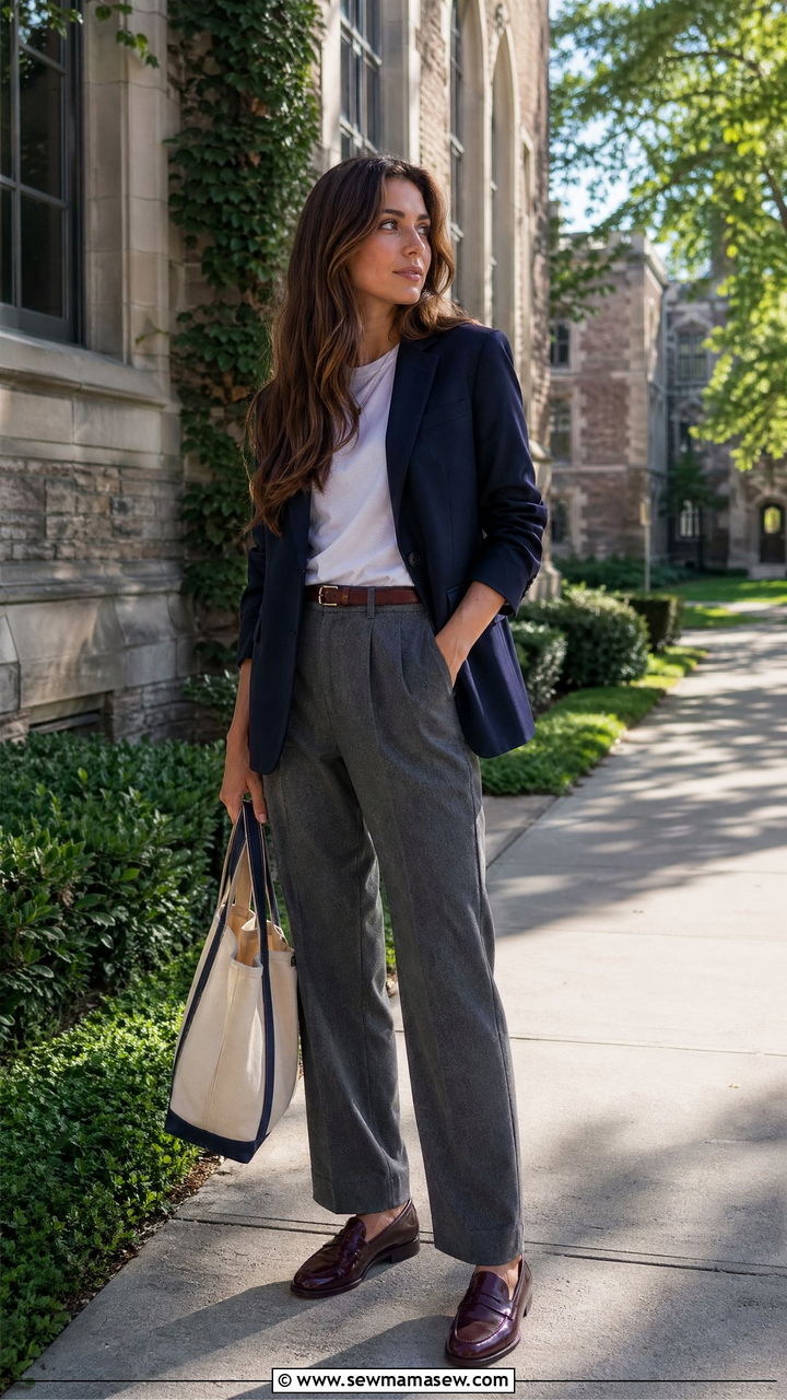 Navy blazer with grey flannel trousers - 35 Stealth wealth outfit ideas
