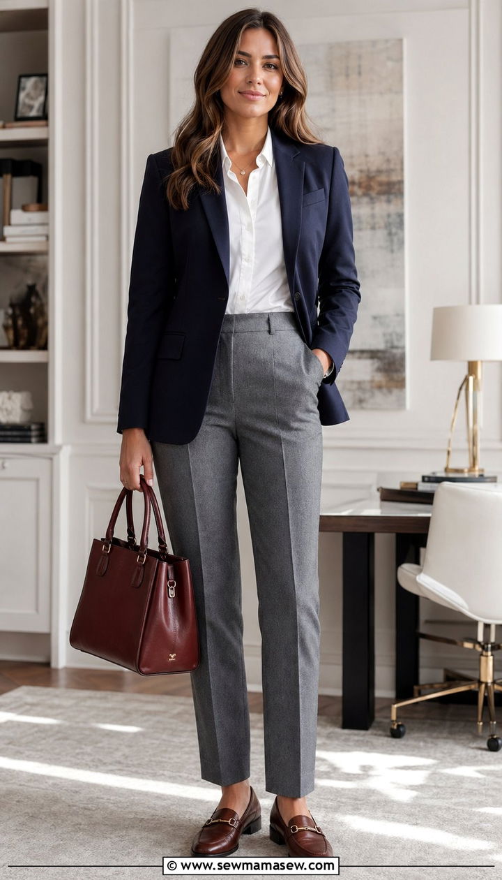 Navy blazer with grey flannel trousers - 35 Quiet luxury outfit ideas for work
