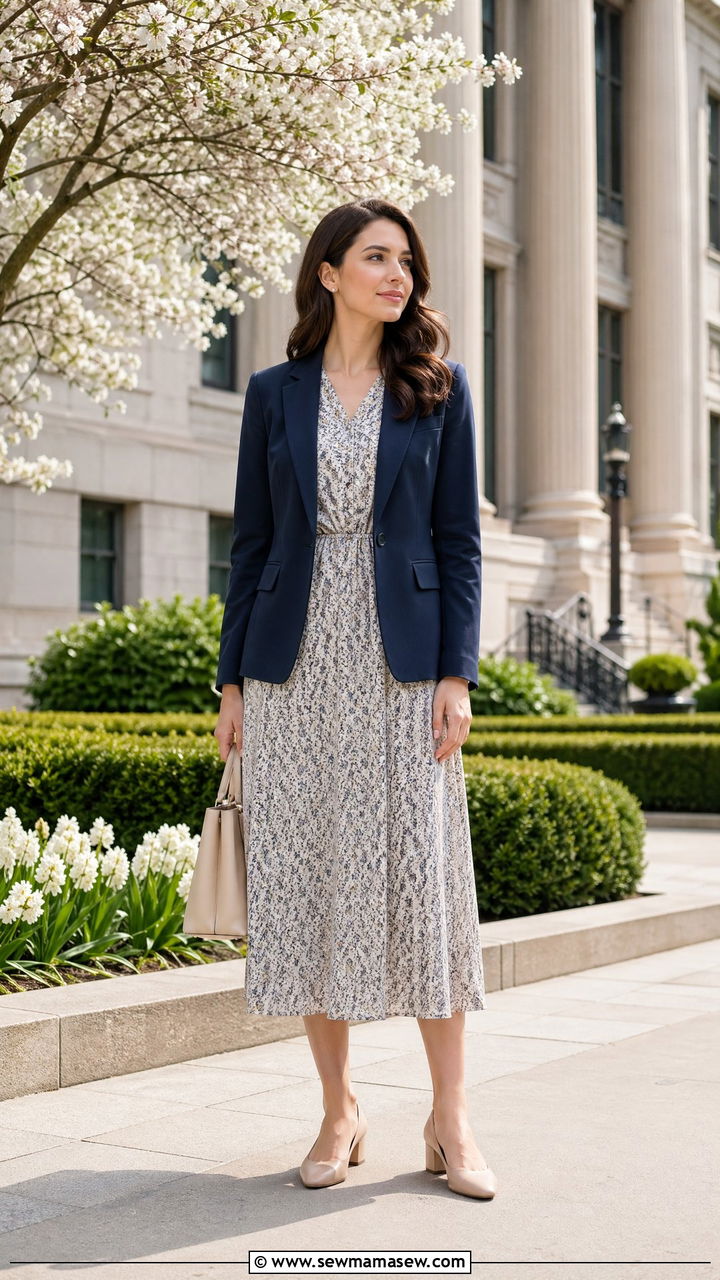 Navy blazer with printed midi dress and pumps - 35 Courtroom outfit ideas for women