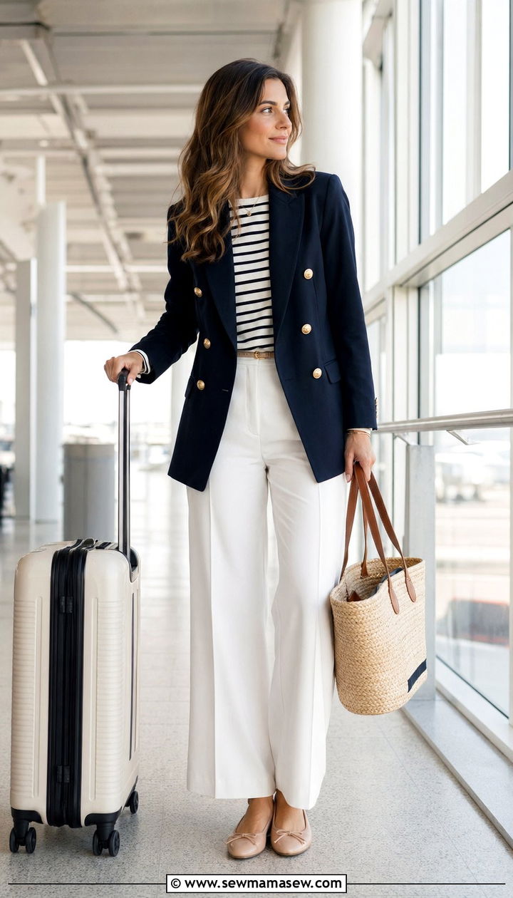Navy blazer with striped top and white pants - 30 Airport outfit ideas with a blazer