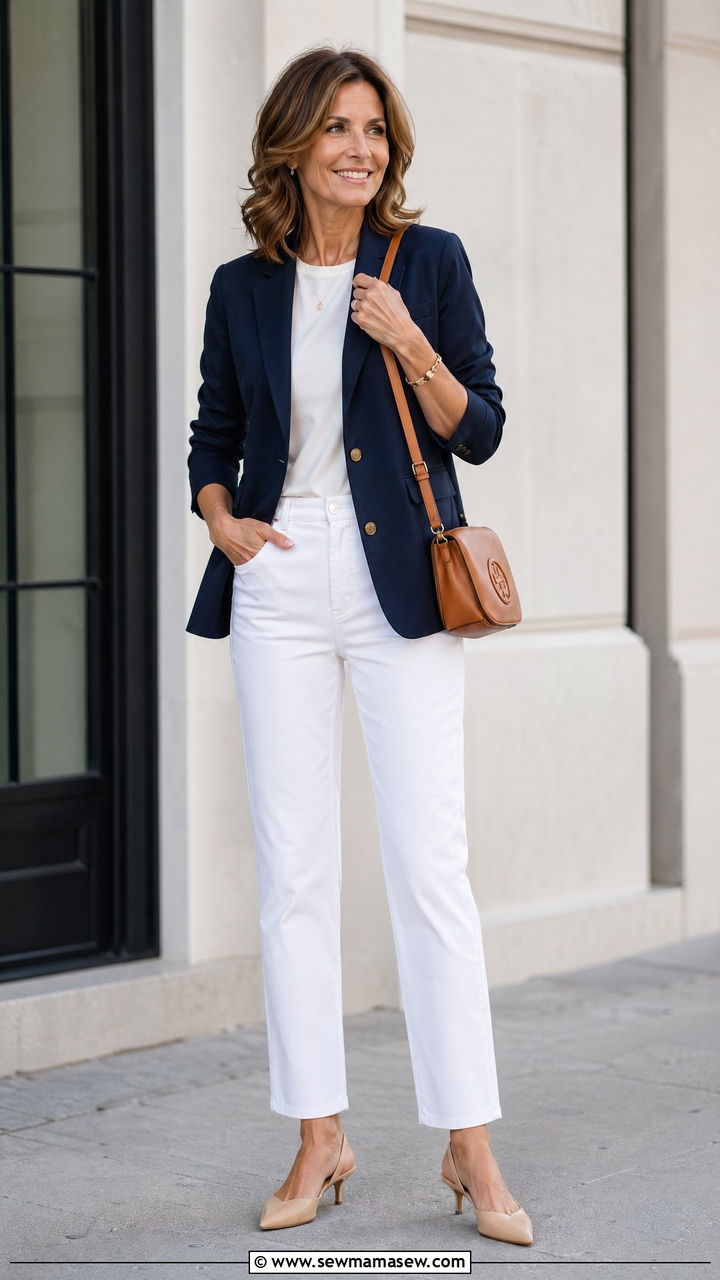 Navy blazer with white jeans - 35 Classy outfit ideas for women over 40