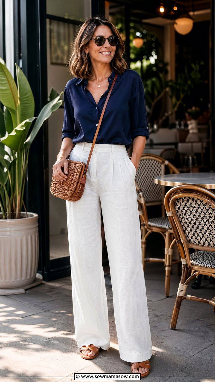Navy blouse and white linen pants - 35 Classy outfits for women over 40