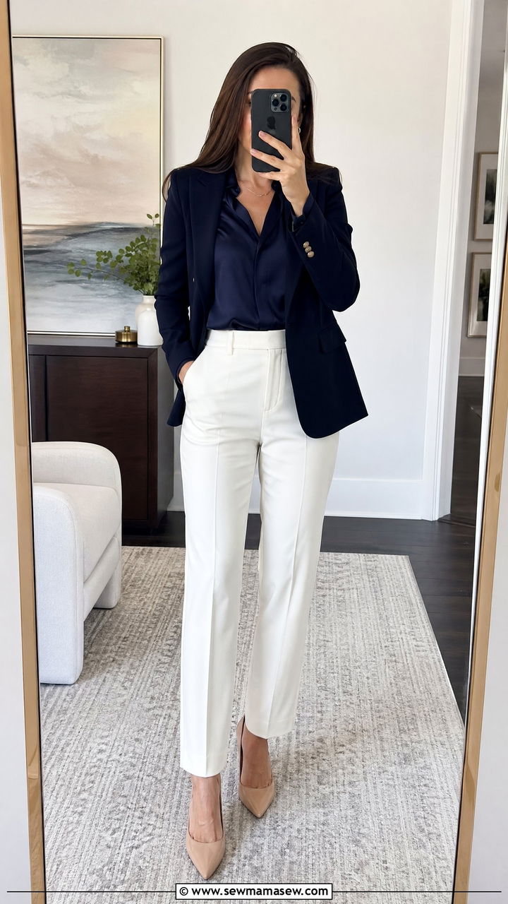 Navy blouse with white trousers and navy blazer - 35 Courtroom outfit ideas for women