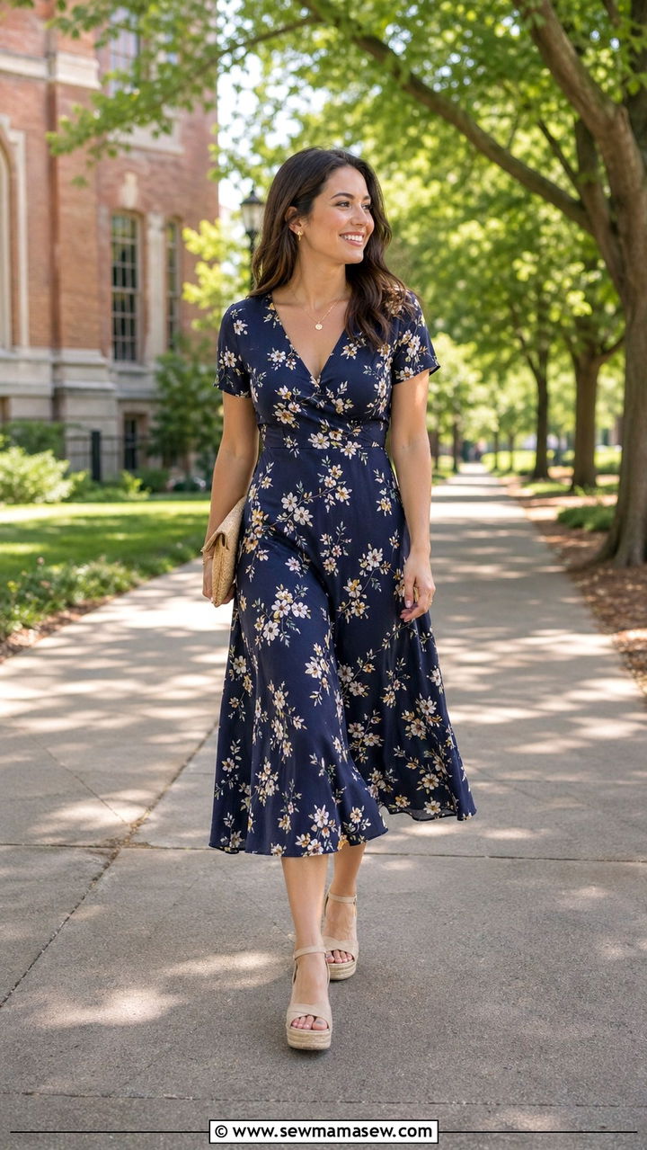 Navy blue floral print midi dress with nude wedge espadrilles - 30 Sorority rush outfit ideas 2026