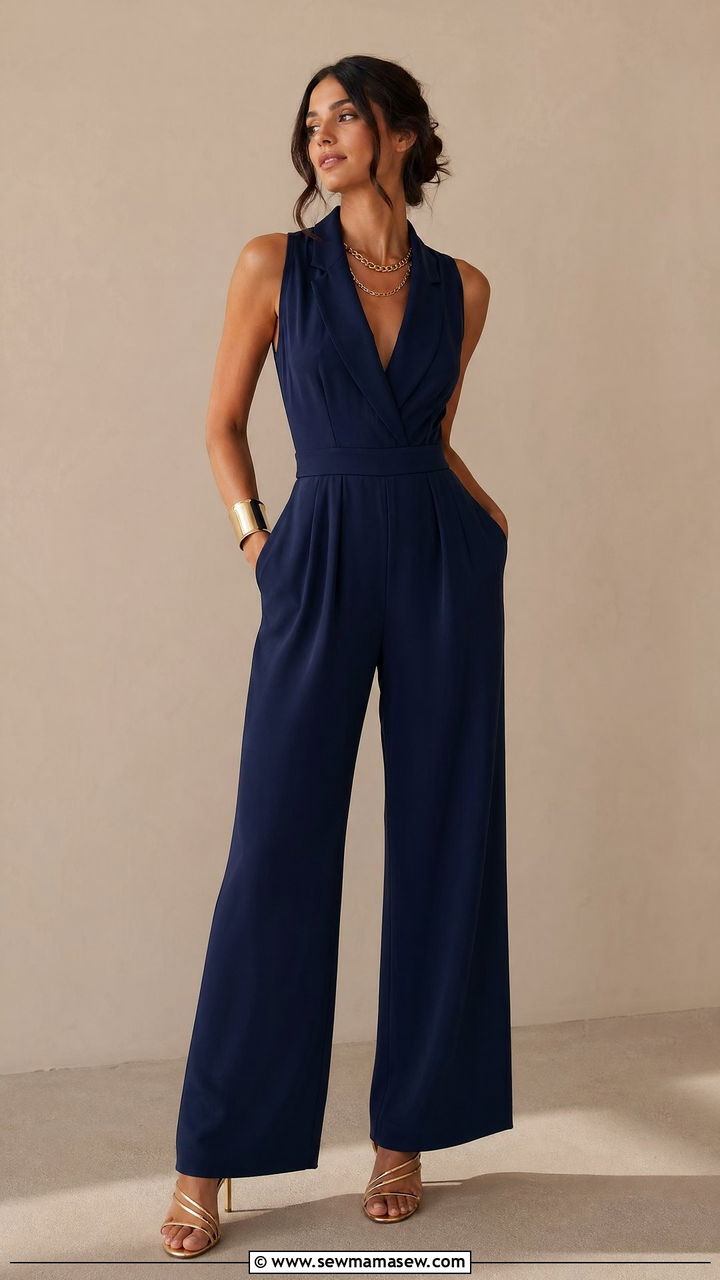 Navy blue formal jumpsuit with gold statement jewelry wedding guest outfit - 35 Spring 2026 wedding guest outfit ideas