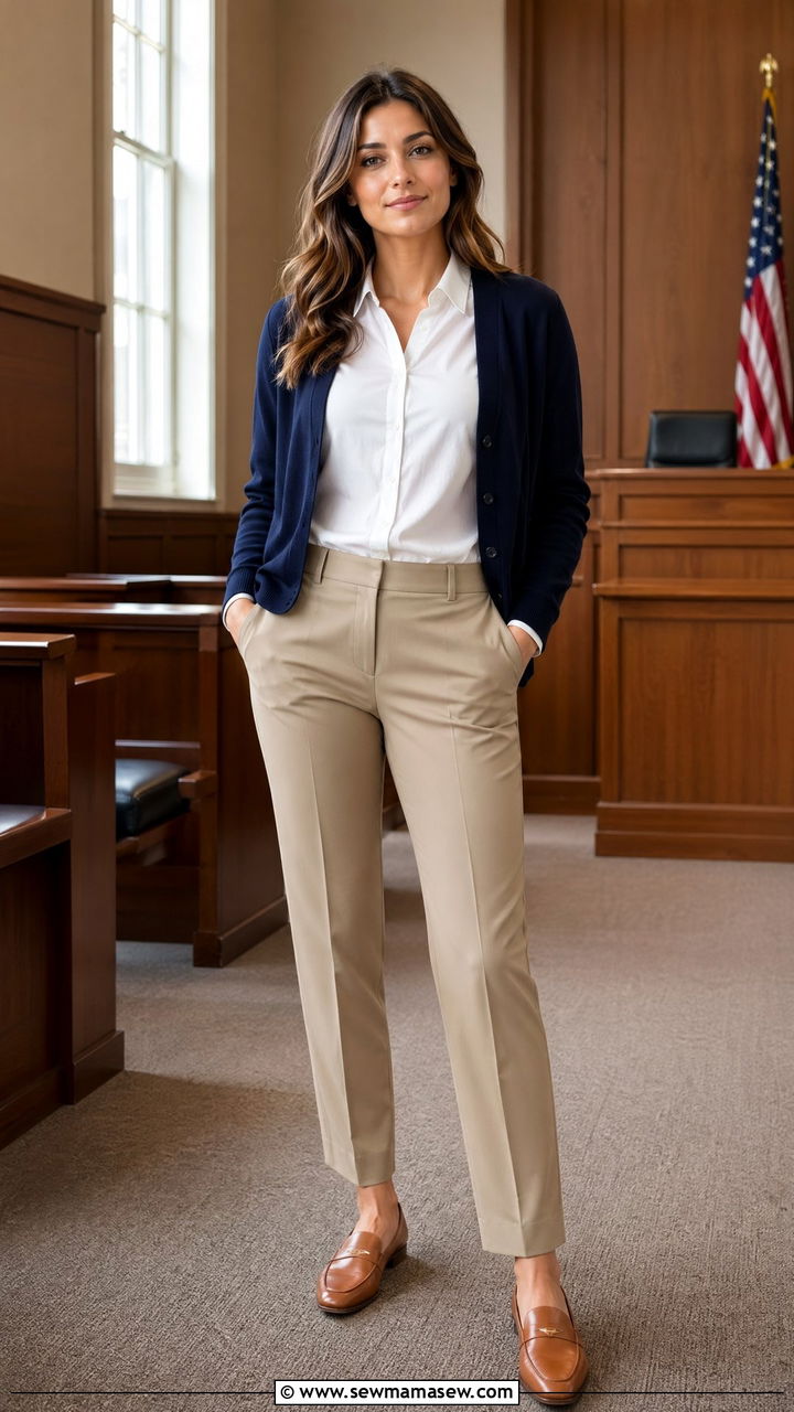 Navy cardigan with collared blouse and khaki trousers - 35 Courtroom outfit ideas for women