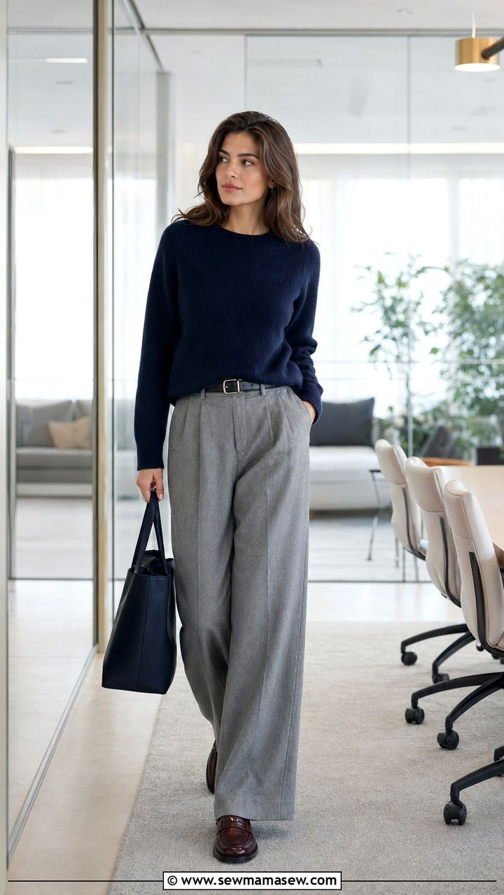 Navy cashmere crewneck with grey wool trousers outfit - 35 quiet luxury outfits ideas