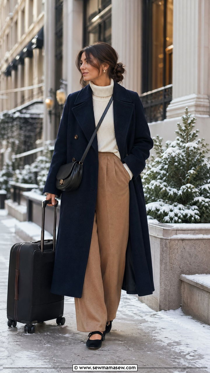 Navy coat with cream turtleneck and tan wide leg pants - 35 classy travel outfit ideas