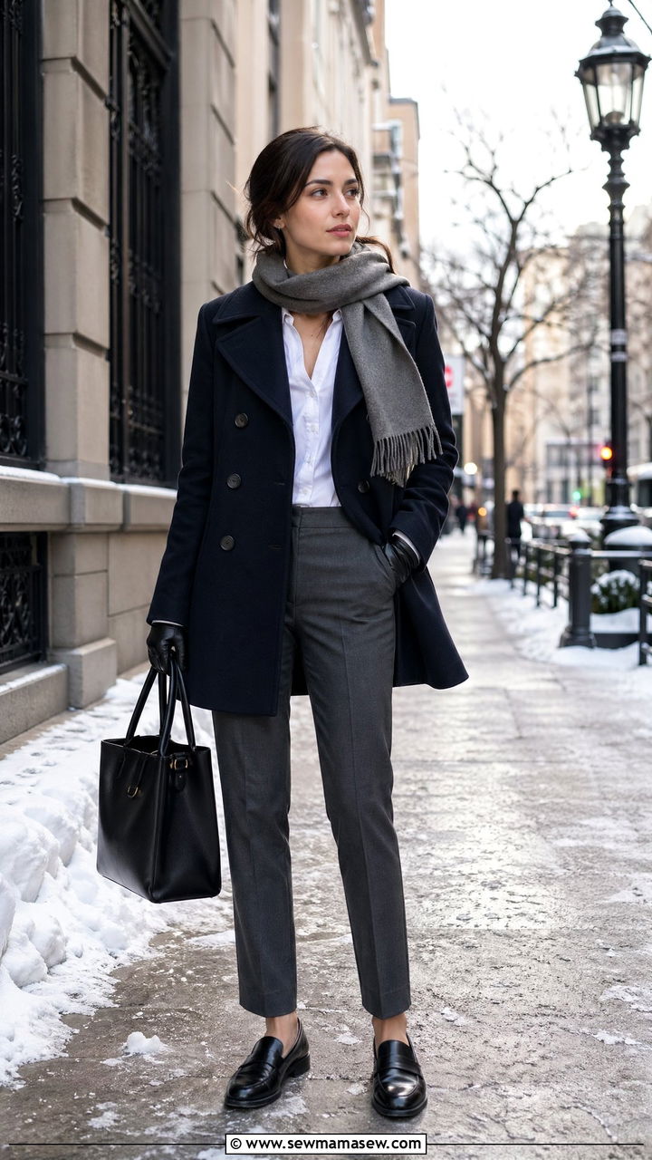 Navy double breasted peacoat with gray trousers and leather loafers - 35 Consultant outfit ideas