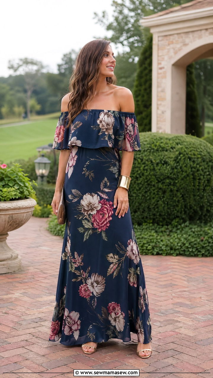 Navy floral off shoulder maxi dress with gold cuff - 35 Country club wedding guest outfit ideas