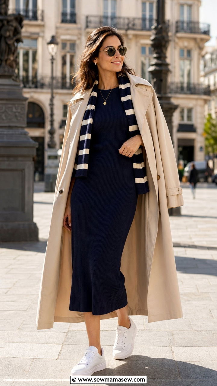 Navy knit midi dress with white leather sneakers - 30 Age appropriate outfit ideas