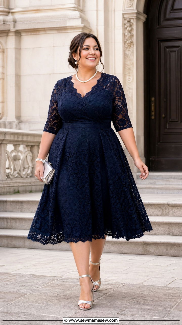 Navy lace tea length dress outfit - 35 Curvy girl wedding guest outfits