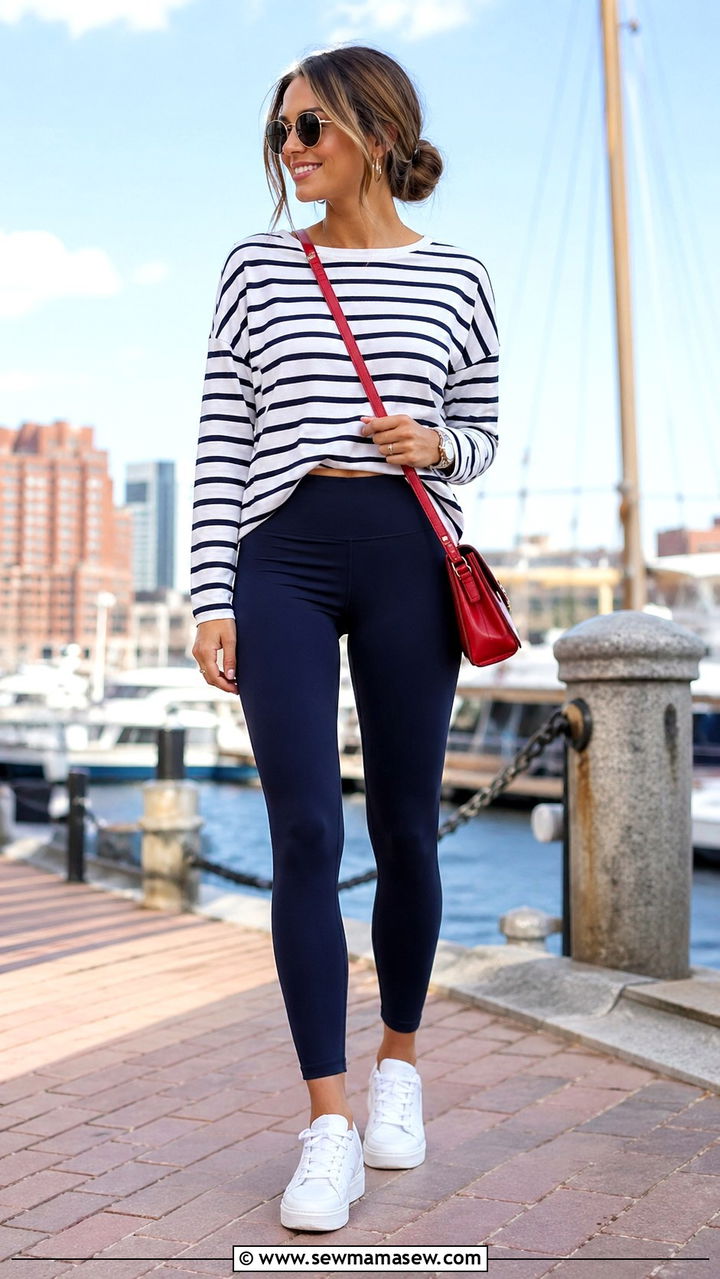Navy leggings with striped tee and white sneakers - 30 spring leggings outfit ideas