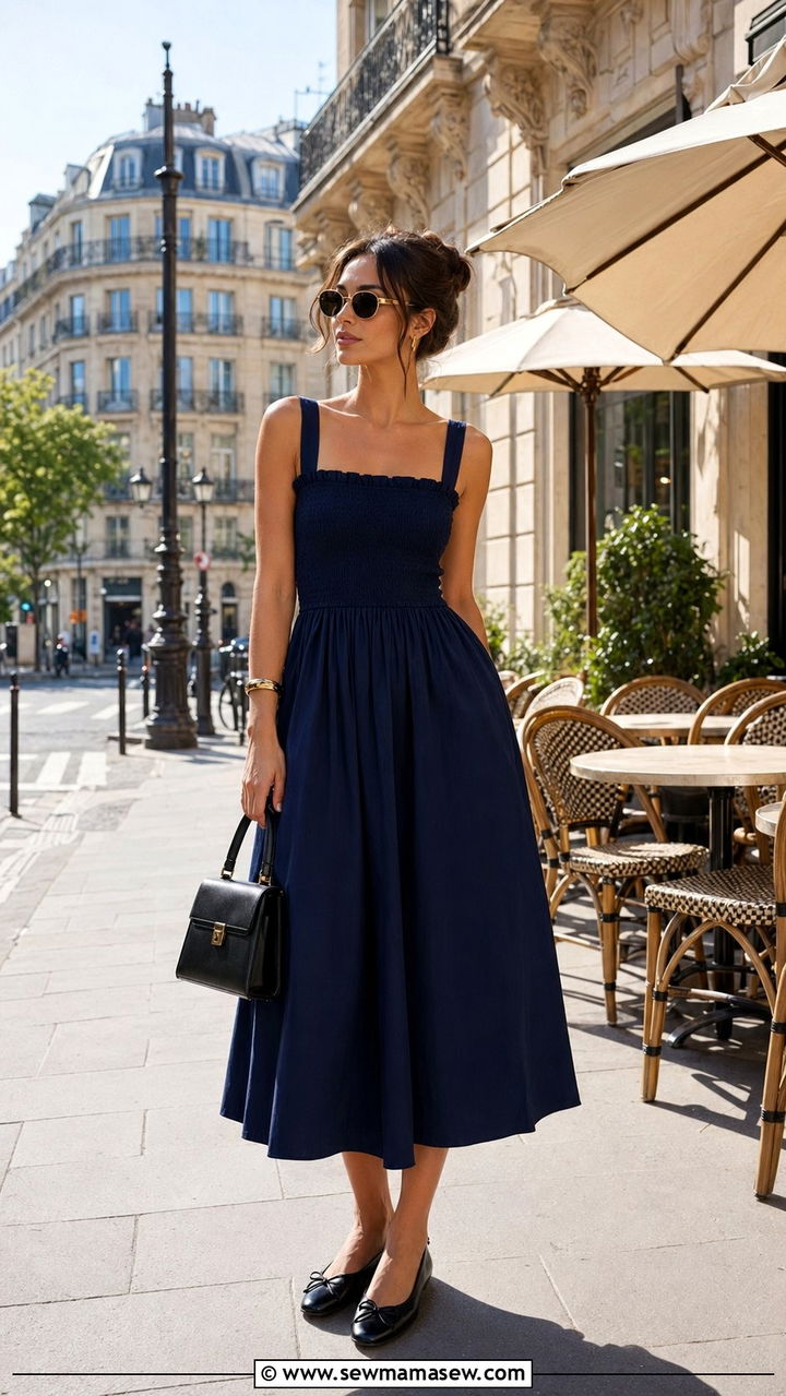 Navy midi dress with bow detail ballet flats - 35 Parisian cafe outfit ideas
