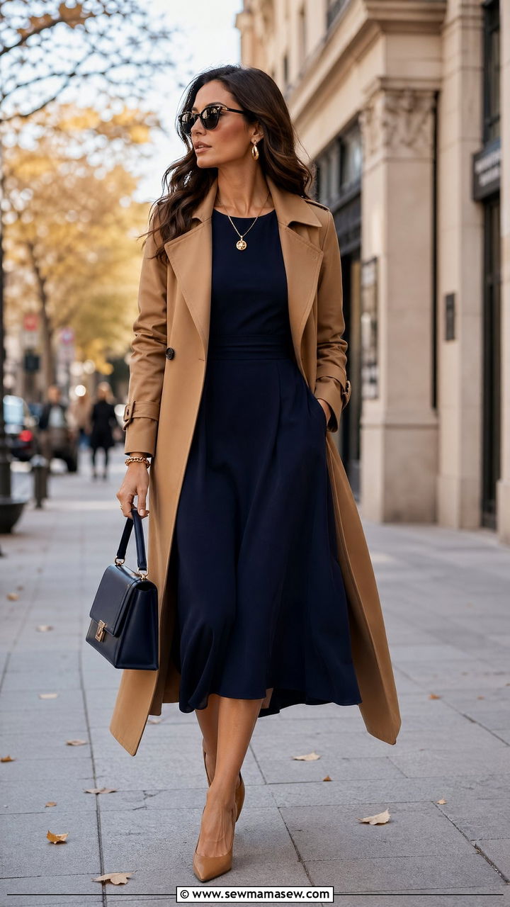 Navy midi dress with camel trench coat outfit - 35 Corporate outfit ideas for women