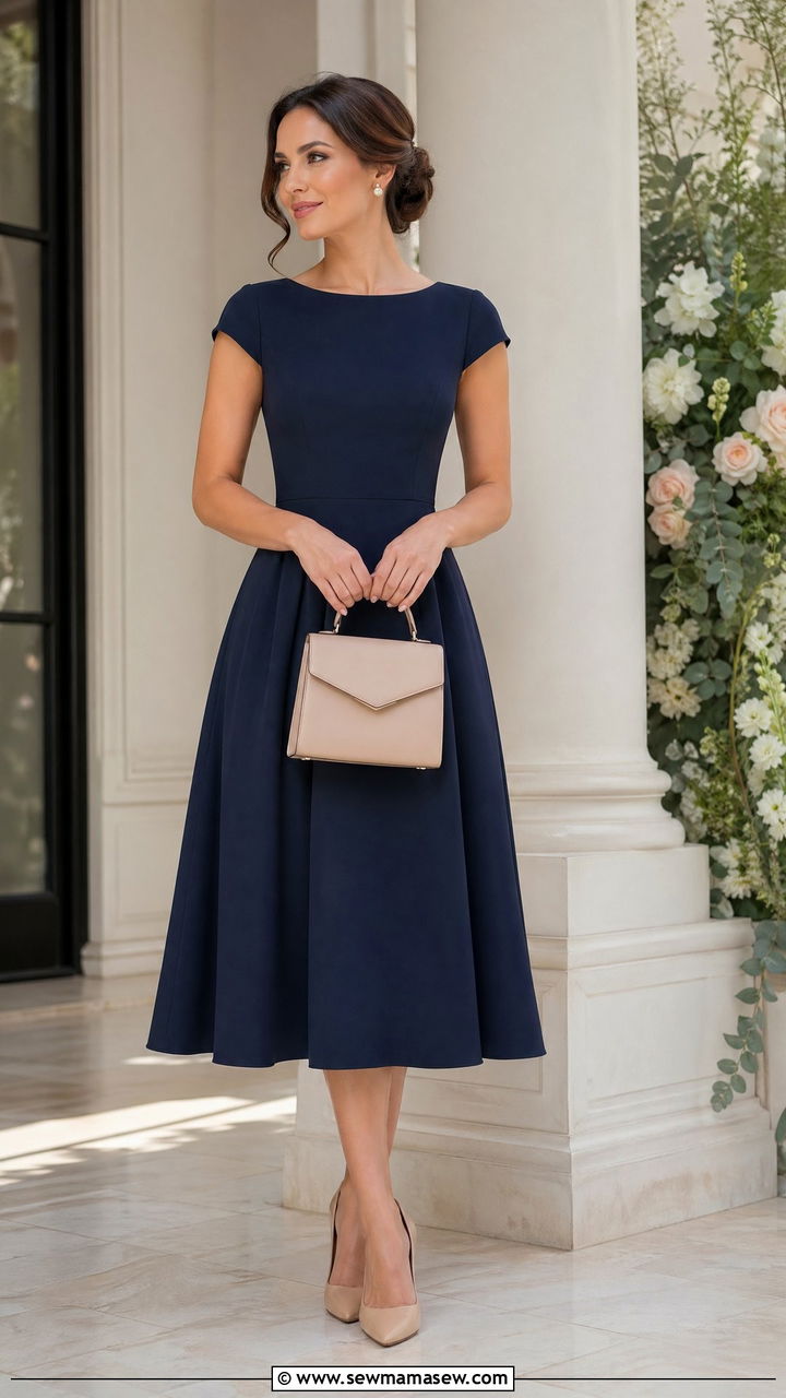 Navy midi dress with nude heels and a structured bag - 35 classy outfit ideas for women