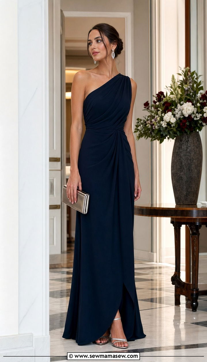 Navy one shoulder maxi dress wedding guest - 35 Quiet luxury outfit ideas for wedding guest