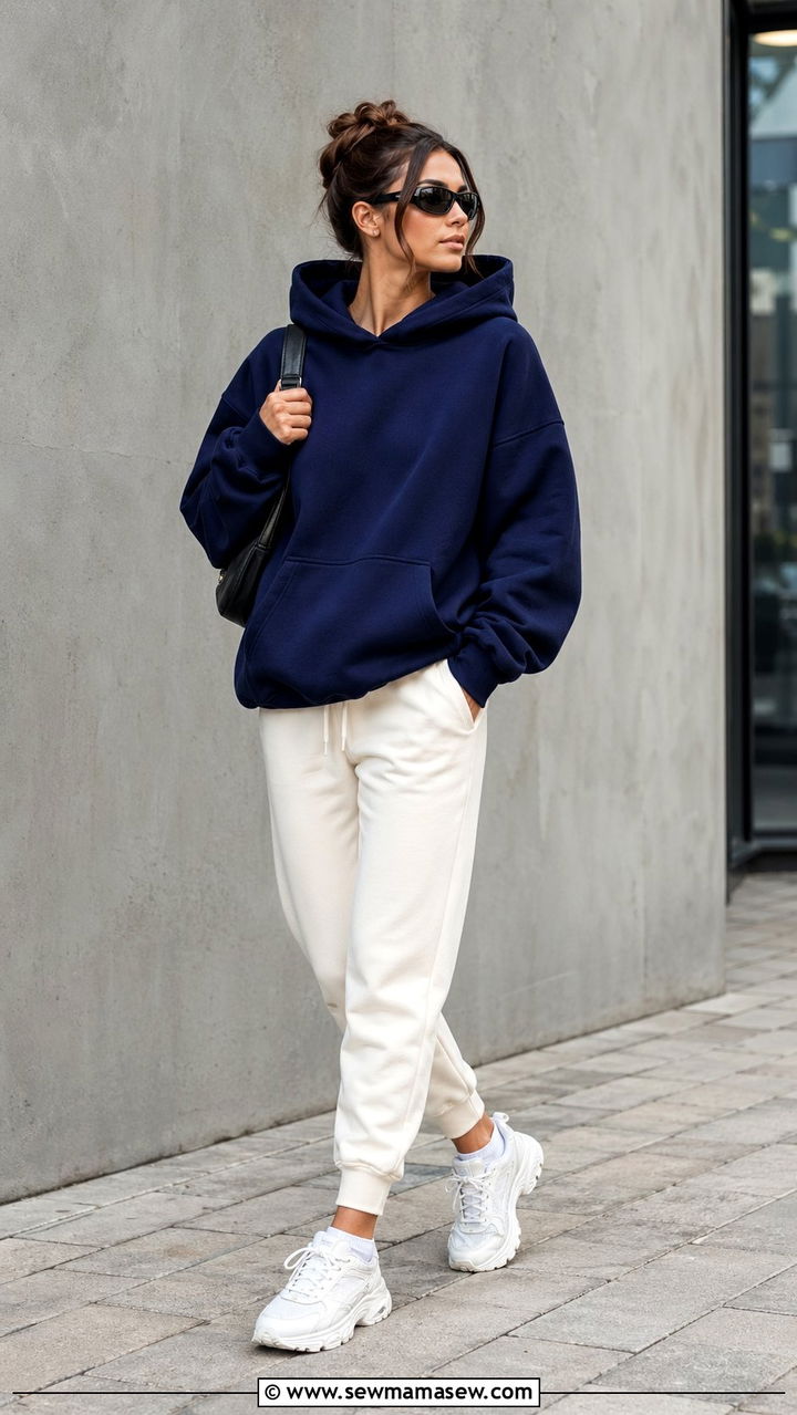 Navy oversized hoodie and cream joggers - 35 Running outfit ideas 2026